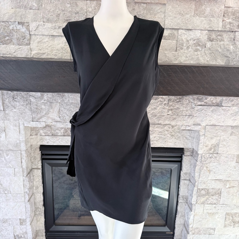 AllSaints Black Wrap Mini Dress Sleeveless V-Neck Draped Waist Size 6 - Picture 2 of 8